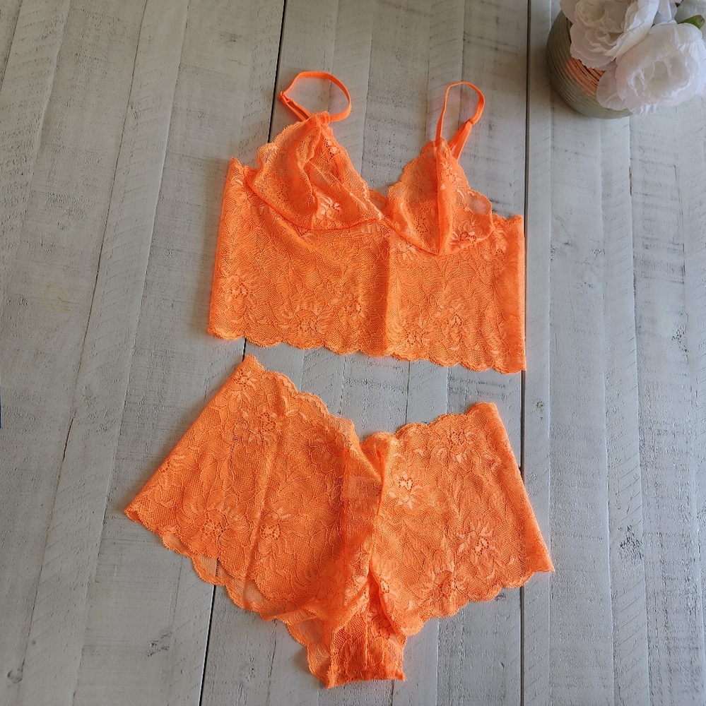 Lace Bralette and Shorts Set Orange Pure Romance Woke Up Like This New! Sz Small - Picture 2 of 3